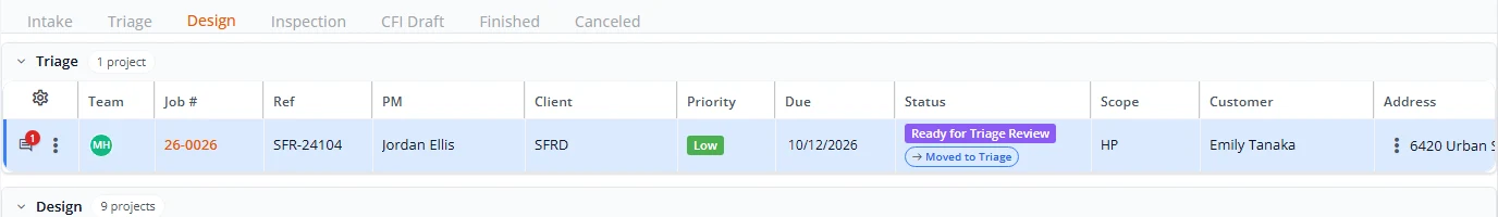 The Design tab after a status change. The row for job 26-0026 is tinted blue, shows Ready for Triage Review and carries a Moved to Triage label.