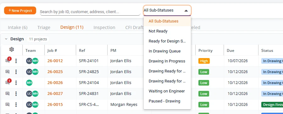 The sub-status filter open on the Design tab, listing All Sub-Statuses, Not Ready, Ready for Design Setup, In Drawing Queue, Drawing In Progress and more.