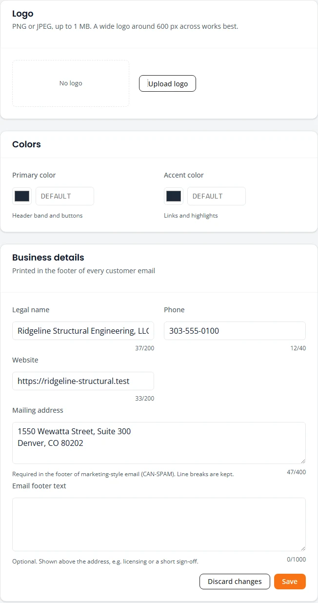 The Branding settings form. A Logo card has an Upload logo button. A Colors card has primary and accent colors. A Business details card has legal name, phone, website, mailing address and email footer text, with Discard changes and Save buttons.