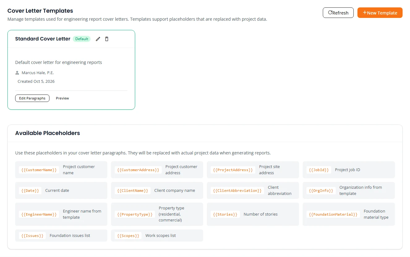 The Cover Letters tab. A Standard Cover Letter template marked Default is shown with its engineer name and Edit Paragraphs and Preview buttons. Below is a list of available placeholders such as customer name, project address, job ID and date.
