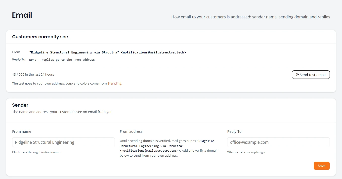 The Email settings page. A Customers currently see card shows the From line, the Reply-To line and a Send test email button. A Sender card below has From name, From address and Reply-To fields and a Save button.