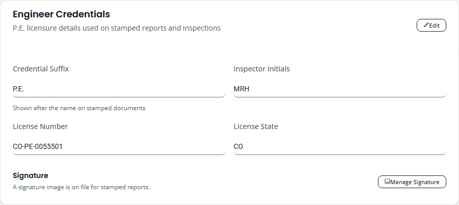 The Engineer Credentials card on an engineer's profile, with Credential Suffix, Inspector Initials, License Number and License State fields, a line saying a signature image is on file, and Edit and Manage Signature buttons.