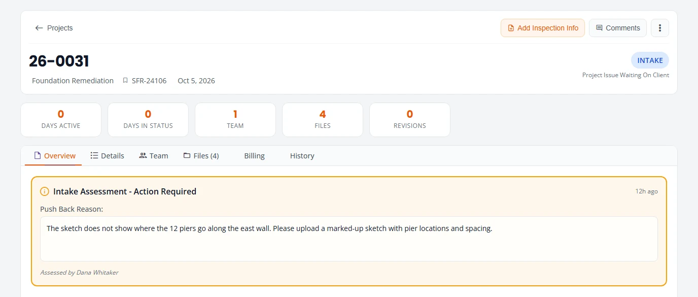 The page for job 26-0031 after a push-back. The status reads Intake, Project Issue Waiting On Client. At the top of the Overview tab an orange box headed Intake Assessment - Action Required shows 12h ago, the push-back reason, and the line Assessed by Dana Whitaker.