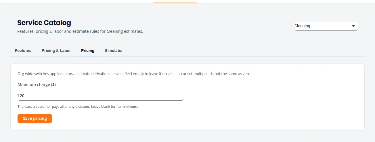 The Pricing tab of the Service Catalog with a Minimum charge field set to 120 dollars and a Save pricing button.