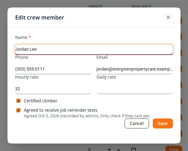 The Edit crew member box with name, phone, email and hourly rate, a ticked Certified climber box, and a ticked Agreed to receive job reminder texts box showing the date the consent was recorded.