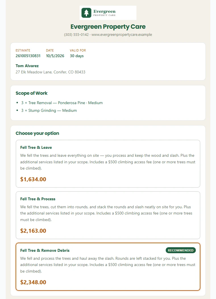 The page a customer sees. Under the company logo are the estimate number, date and how long it is valid, the customer name and address, the scope of work, and a Choose your option section with the first option and its price.