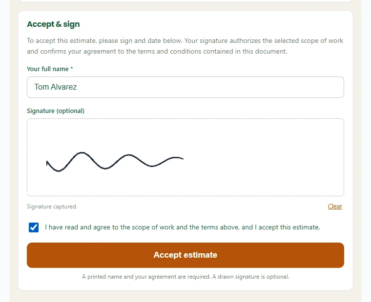The Accept and sign section of the customer page: a full name field, an optional signature box with a drawn signature, a ticked agreement box and an Accept estimate button.