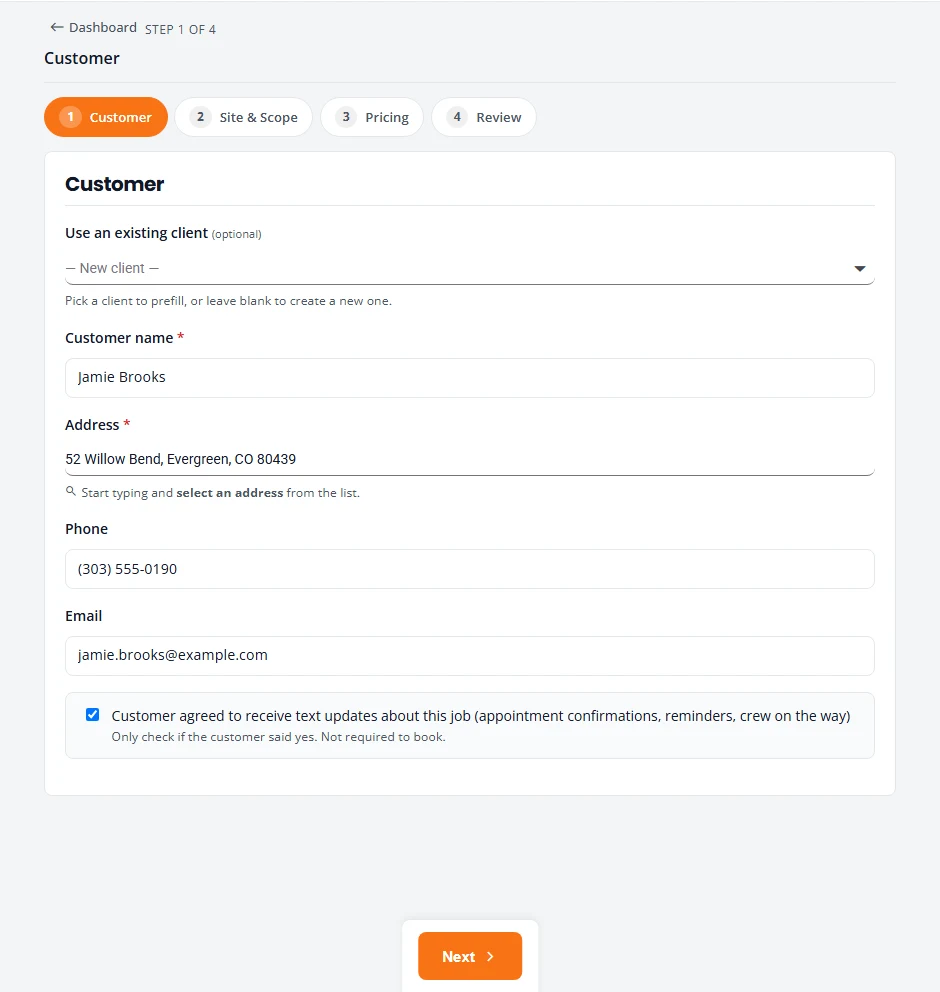 The Customer step of a new estimate, with the customer name, address, phone and email filled in, and a ticked box saying the customer agreed to receive text updates about their quote and job.