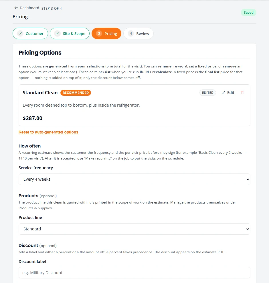 The Pricing step of an estimate. One option called Standard Clean is priced at 287 dollars and marked Recommended. Service frequency is set to Every 4 weeks and the product line is Standard.