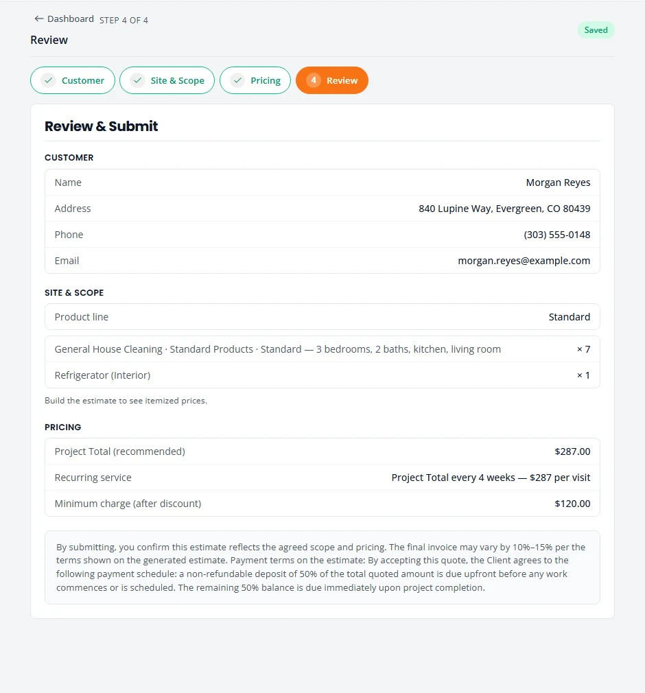 The Review step of a cleaning estimate. It lists the customer, a Standard product line, seven units of General House Cleaning and one refrigerator interior, the total, the recurring price per visit every 4 weeks, and the minimum charge.