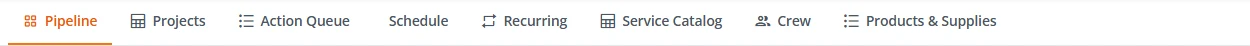 The portal menu for a cleaning company: Pipeline, Projects, Action Queue, Schedule, Recurring, Service Catalog, Crew, Products and Supplies.