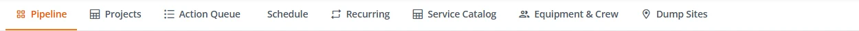 The portal menu for a tree care company: Pipeline, Projects, Action Queue, Schedule, Recurring, Service Catalog, Equipment and Crew, Dump Sites.