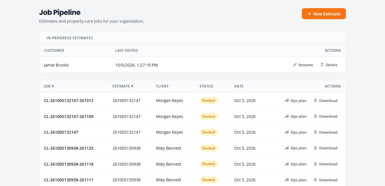 The Job Pipeline screen. A New Estimate button sits at the top right. Below it, an In-Progress Estimates list has one unfinished estimate with Resume and Delete buttons, followed by a list of jobs with their status and Ops plan and Download buttons.
