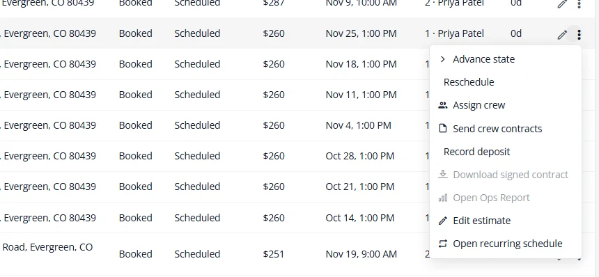 The menu at the end of a job row on Projects, open. It lists Advance state, Reschedule, Assign crew, Send crew contracts, Record deposit, Edit estimate and Open recurring schedule.