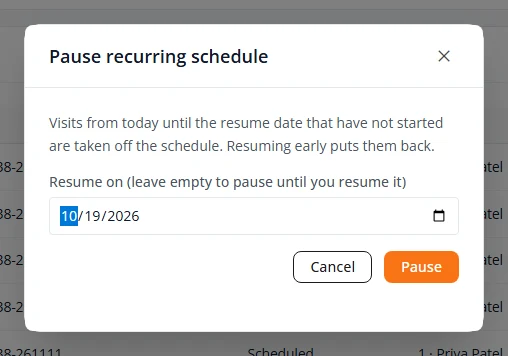 The Pause recurring schedule box with a Resume on date field and Cancel and Pause buttons.