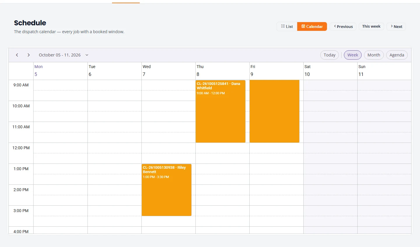 The Schedule screen in Calendar view, showing the same week as a grid with three jobs as blocks on their days and times.