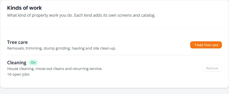 The Kinds of work section with Tree care turned off and an Add Tree care button beside it. Cleaning is On.
