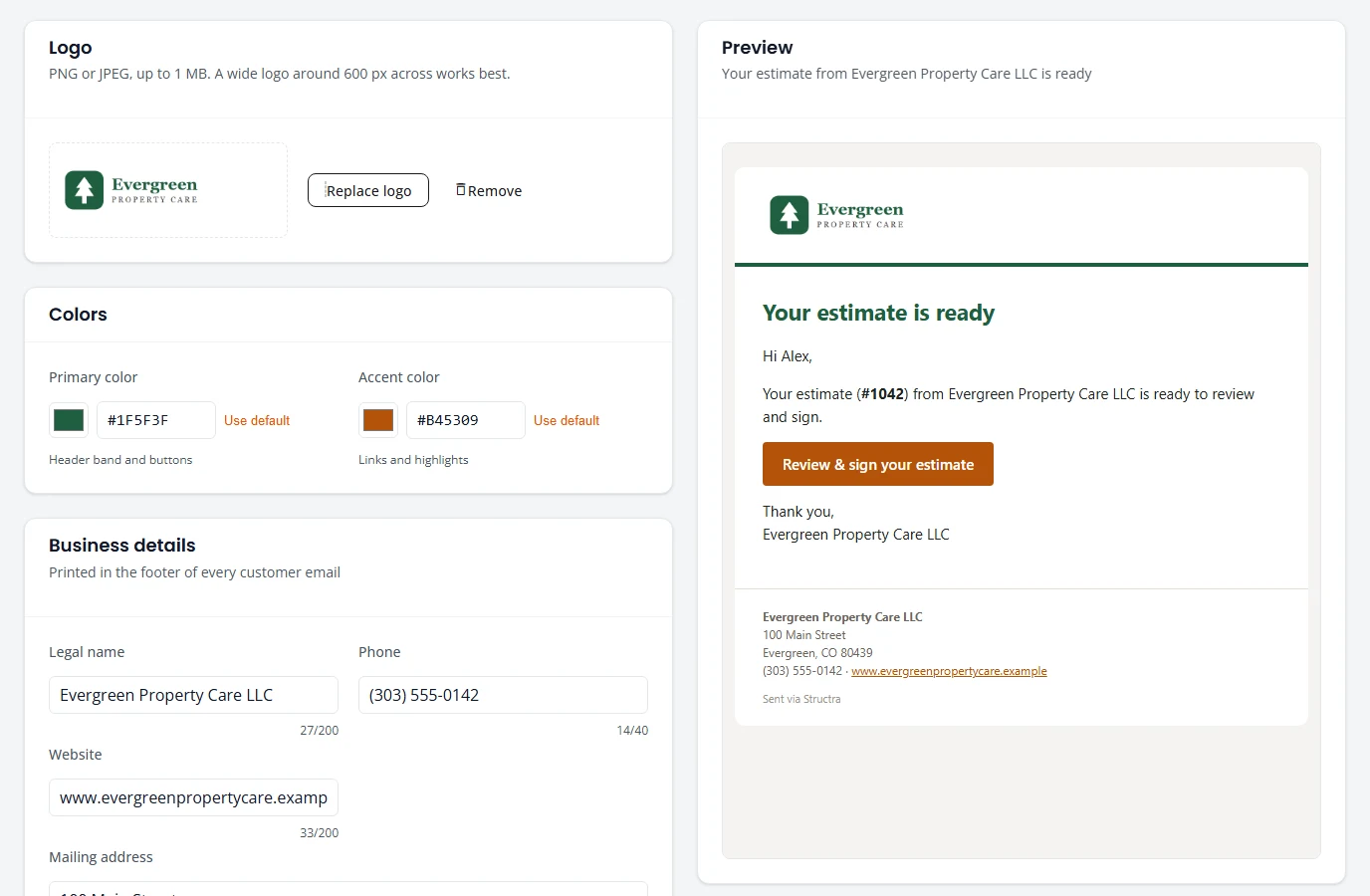 The Branding settings page. On the left are the uploaded logo, the primary and accent colors, and business details. On the right is a preview of the estimate email using that logo and those colors.