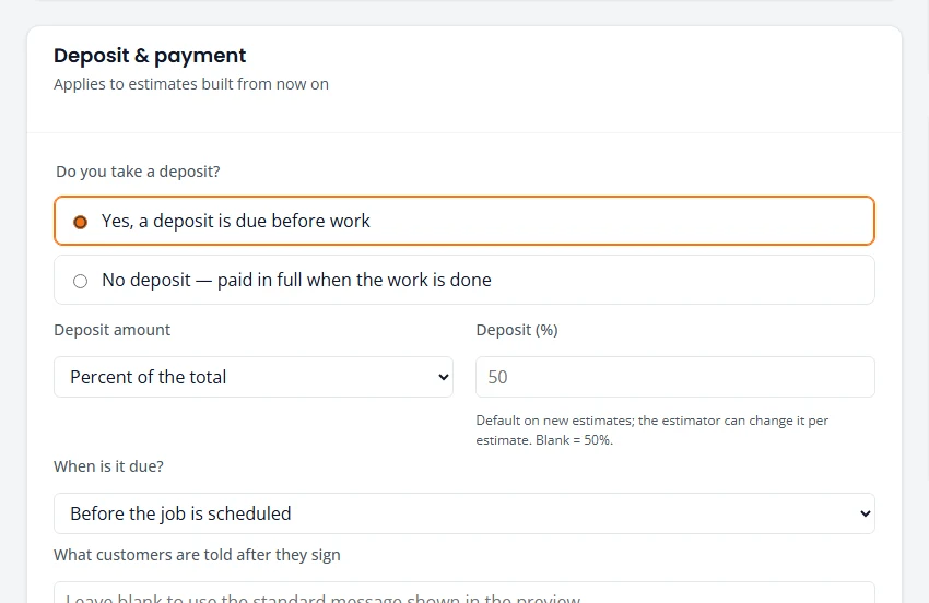 The Deposit and payment section of PropertyWorks settings. Yes, a deposit is due before work is selected, the deposit amount is Percent of the total at 50 percent, and it is due Before the job is scheduled.