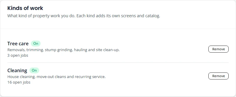 The Kinds of work section of settings. Tree care and Cleaning are both On, each with a short description, a count of open jobs and a Remove button.