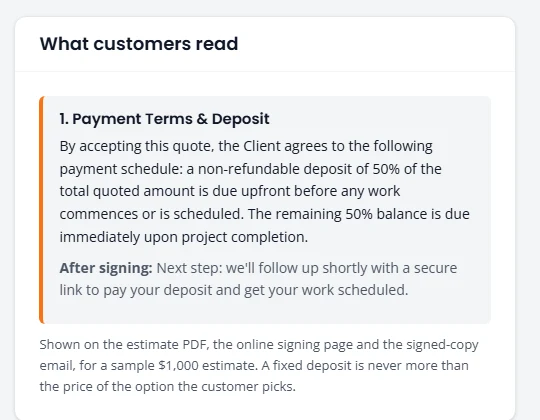 The What customers read preview. It shows the Payment Terms and Deposit clause with a 50 percent deposit, and the After signing message that follows it.