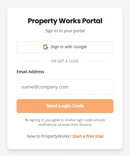 The Property Works Portal sign-in box with a Sign in with Google button, an Email Address field and a Send Login Code button.