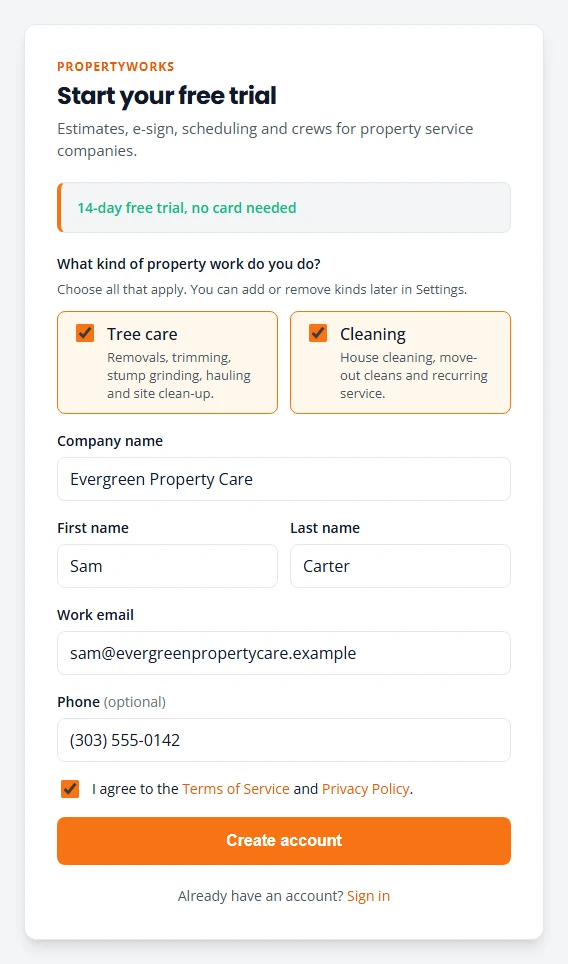 The PropertyWorks sign-up form. It says 14-day free trial, no card needed. Tree care and Cleaning are both ticked, and the company name, first name, last name, work email and phone are filled in above a Create account button.