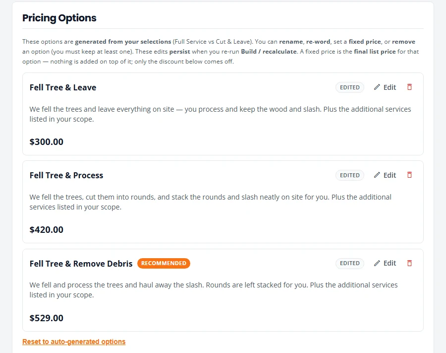 Pricing options on a tree care estimate: Fell Tree and Leave, Fell Tree and Process, and Fell Tree and Remove Debris, each with a description and its own price. Fell Tree and Remove Debris is marked Recommended.