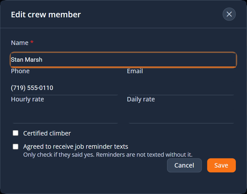 PropertyWorks crew editor with the box: Agreed to receive job reminder texts