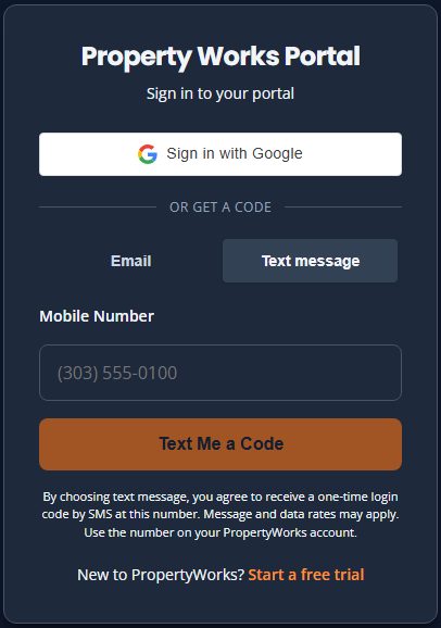 PropertyWorks sign-in page with the Text message option and SMS disclosure