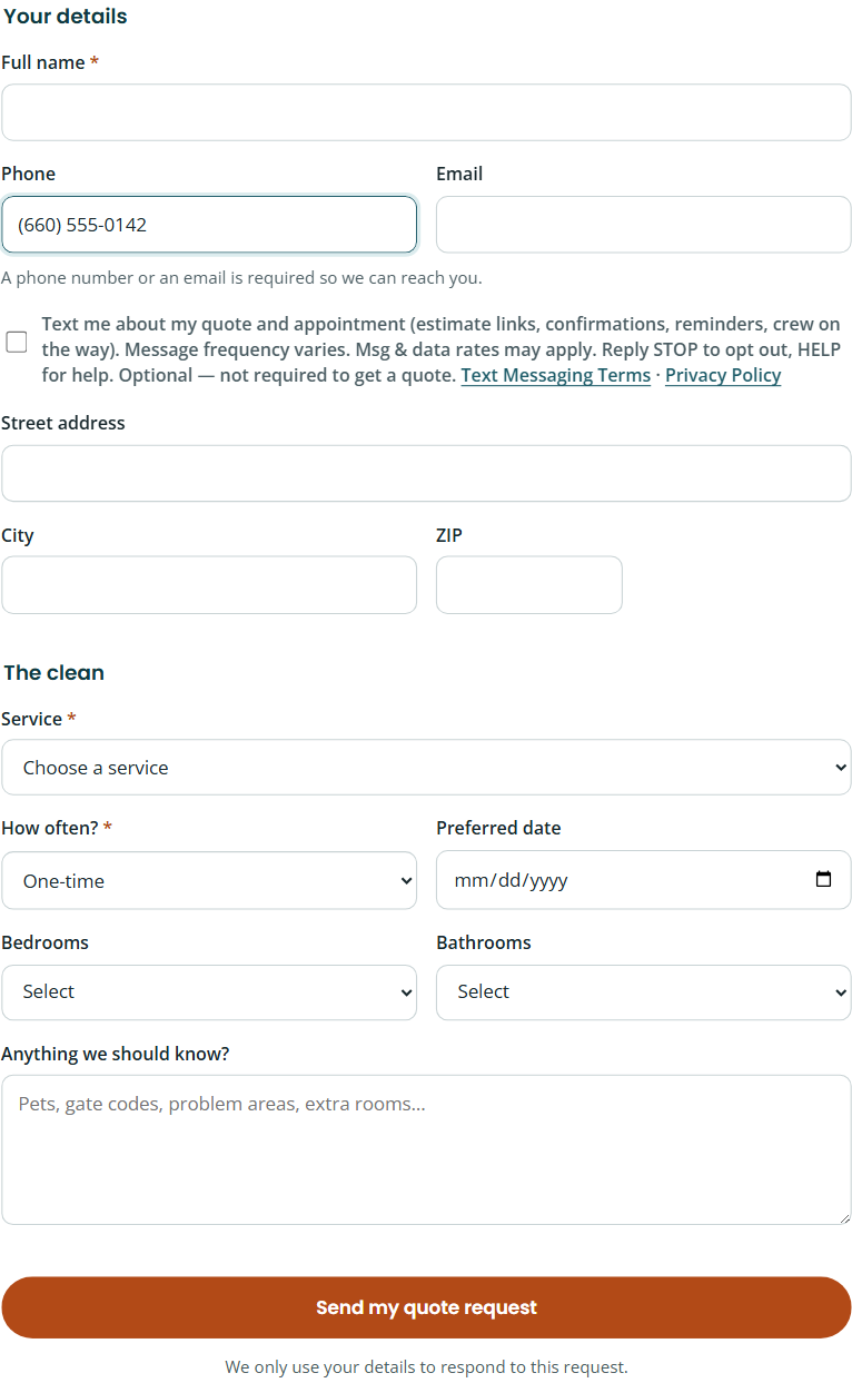 J&J Elite Cleaning quote form with the same optional text-updates checkbox
