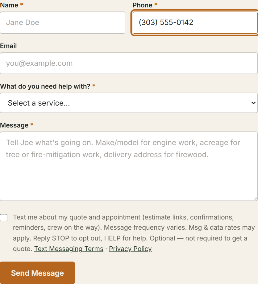 Mountain Life Property Works quote form with an optional, unchecked box: Text me about my quote and appointment (estimate links, confirmations, reminders, crew on the way), with frequency, rates, STOP and HELP disclosure and links to these terms and the Privacy Policy